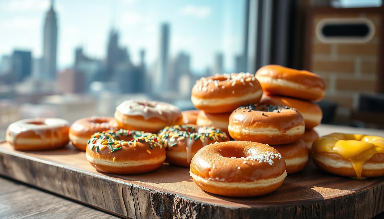 Freshly made homemade NY-style doughnuts with various toppings on a rustic wooden board with NYC skyline in background