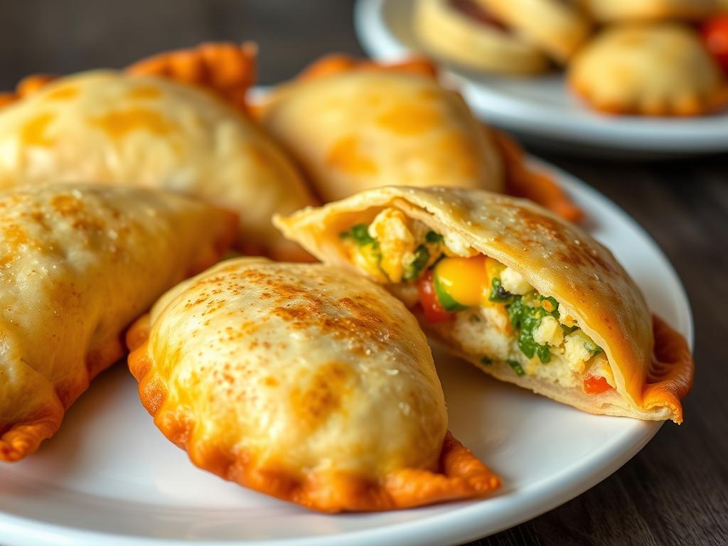 Golden-brown breakfast empanadas filled with vegetables and eggs on a serving plate