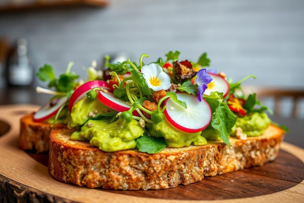 Gourmet vegan avocado toast with toppings on rustic wooden board in Brooklyn style cafe