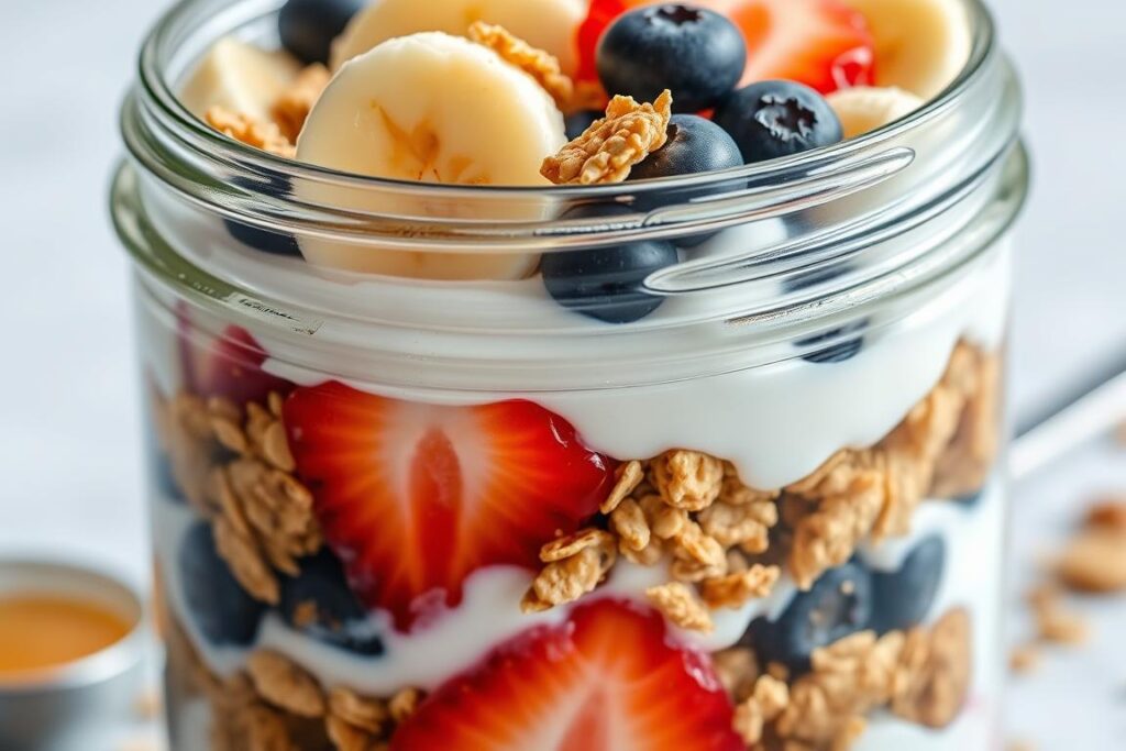 Greek yogurt breakfast parfait with layers of yogurt, granola, and fresh fruit in a glass jar