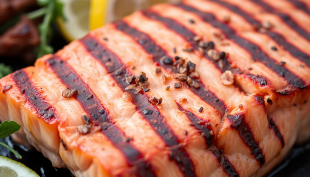 Grilled salmon with grill marks and garnish Grilled salmon with grill marks and garnish