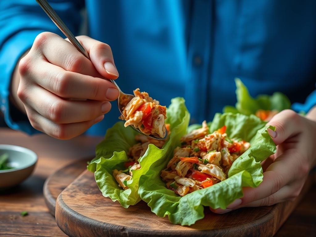 Hands assembling Asian Chicken Lettuce Wraps showing technique