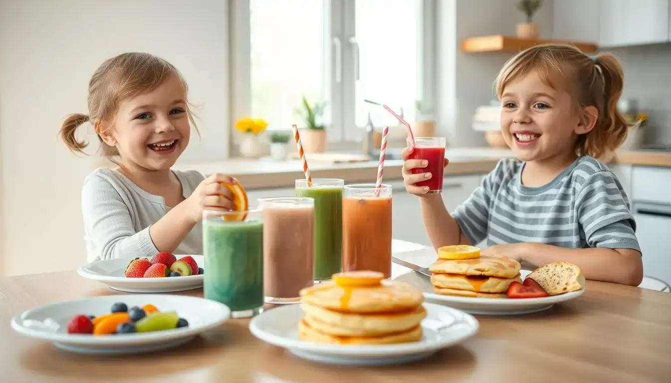 Group of smiling children enjoying colorful breakfast foods together at a kitchen table