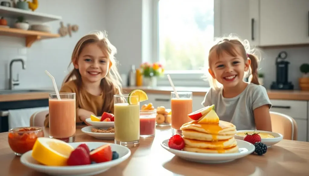 Group of smiling children enjoying colorful breakfast foods together at a kitchen table