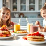Happy children enjoying colorful breakfast foods at a kitchen table