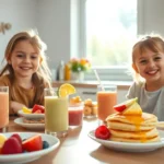 Group of smiling children enjoying colorful breakfast foods together at a kitchen table