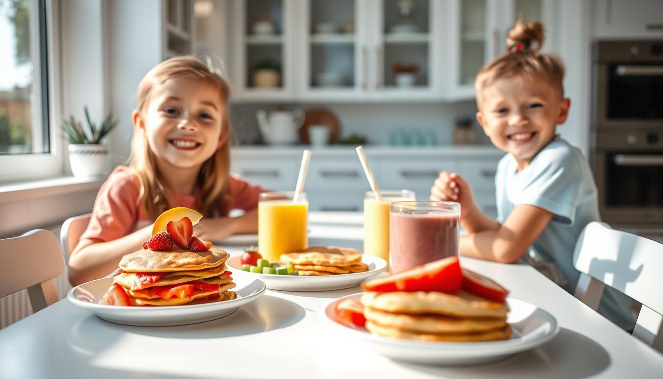 Happy children enjoying colorful breakfast foods at a kitchen table