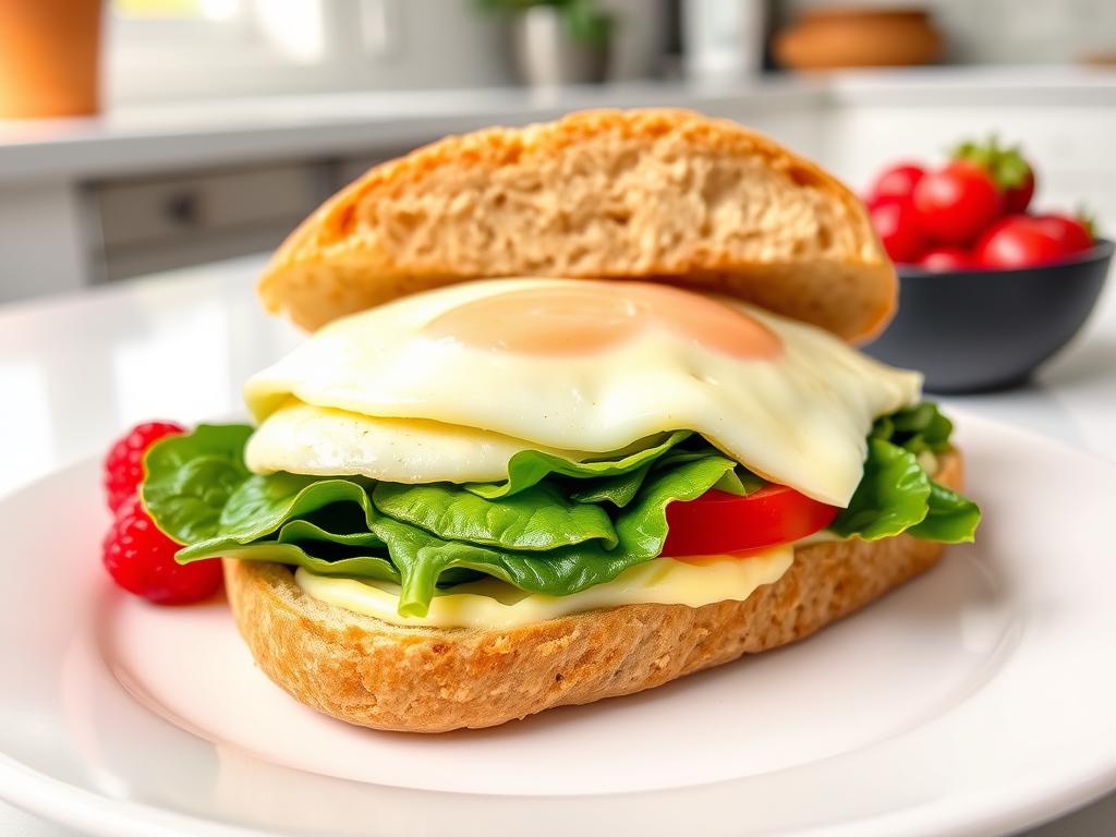 Healthy NYC-style egg and cheese sandwich with vegetables Healthy NYC-style egg and cheese sandwich with vegetables
