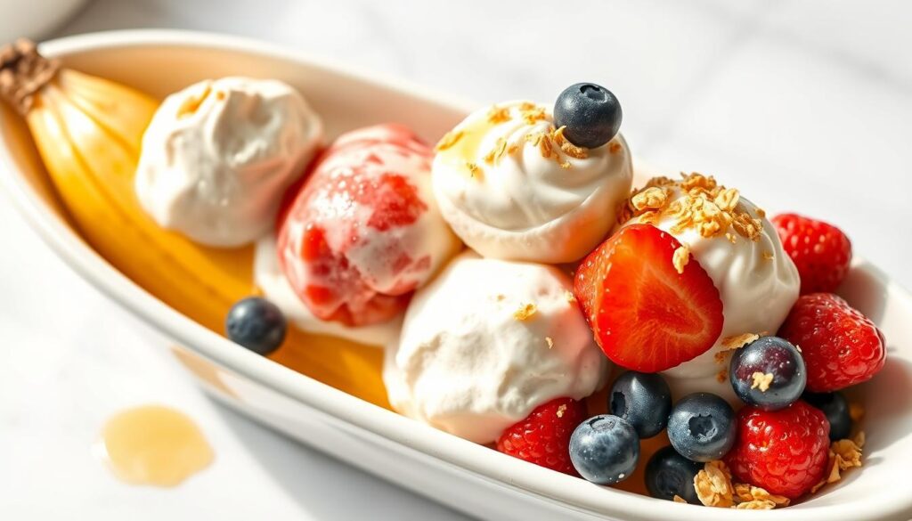 Healthy breakfast banana split with yogurt, fruit, and granola in a boat-shaped dish Healthy breakfast banana split with yogurt, fruit, and granola in a boat-shaped dish