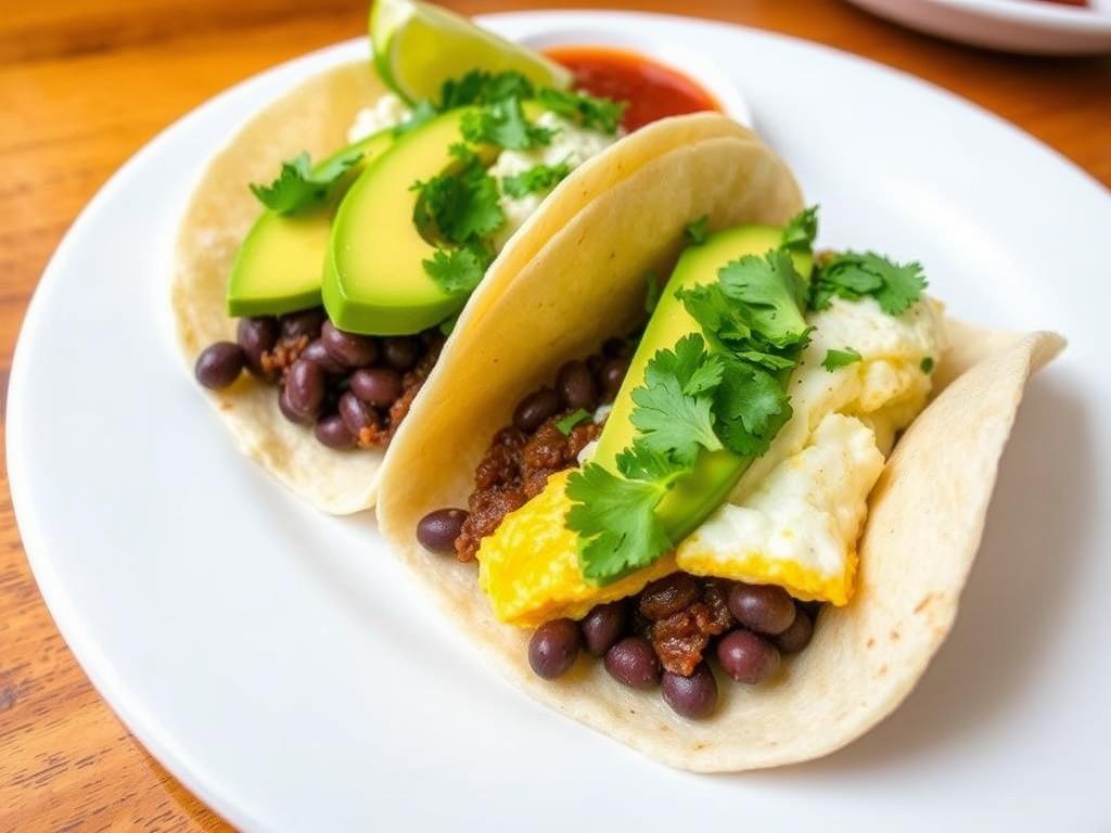 Healthy breakfast tacos with avocado and black beans on a plate