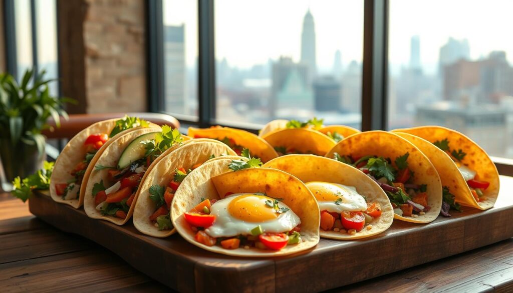 Healthy breakfast tacos with fresh ingredients on a busy New York morning