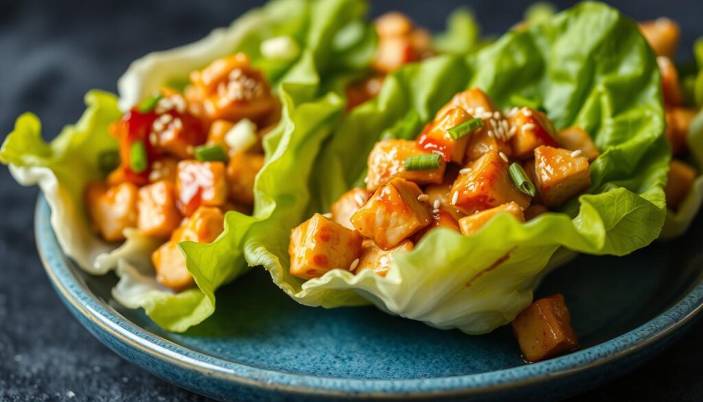 Honey Sesame Chicken Lettuce Cups with diced chicken breast