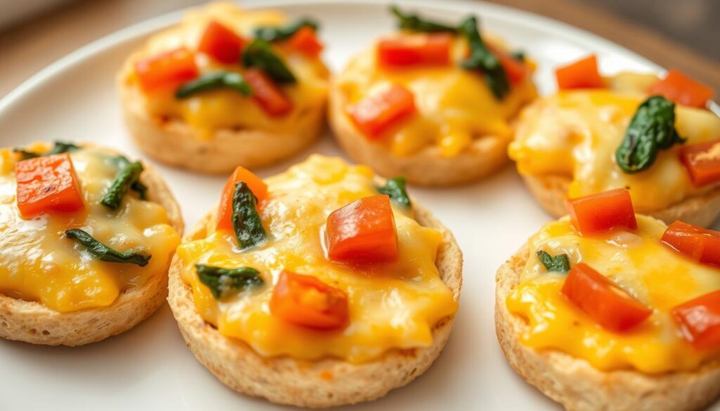 Individual breakfast pizzas on English muffins with egg and vegetables Individual breakfast pizzas on English muffins with egg and vegetables