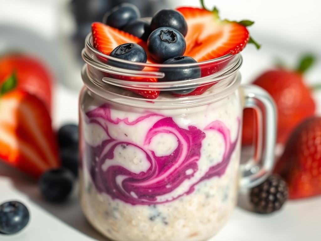 Jar of overnight oats with purple berry swirl and fresh berries on top Jar of overnight oats with purple berry swirl and fresh berries on top