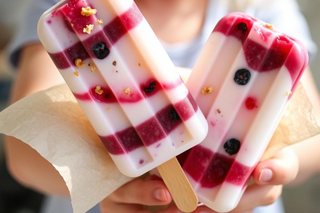 Layered yogurt and berry breakfast popsicles being held by a child Layered yogurt and berry breakfast popsicles being held by a child