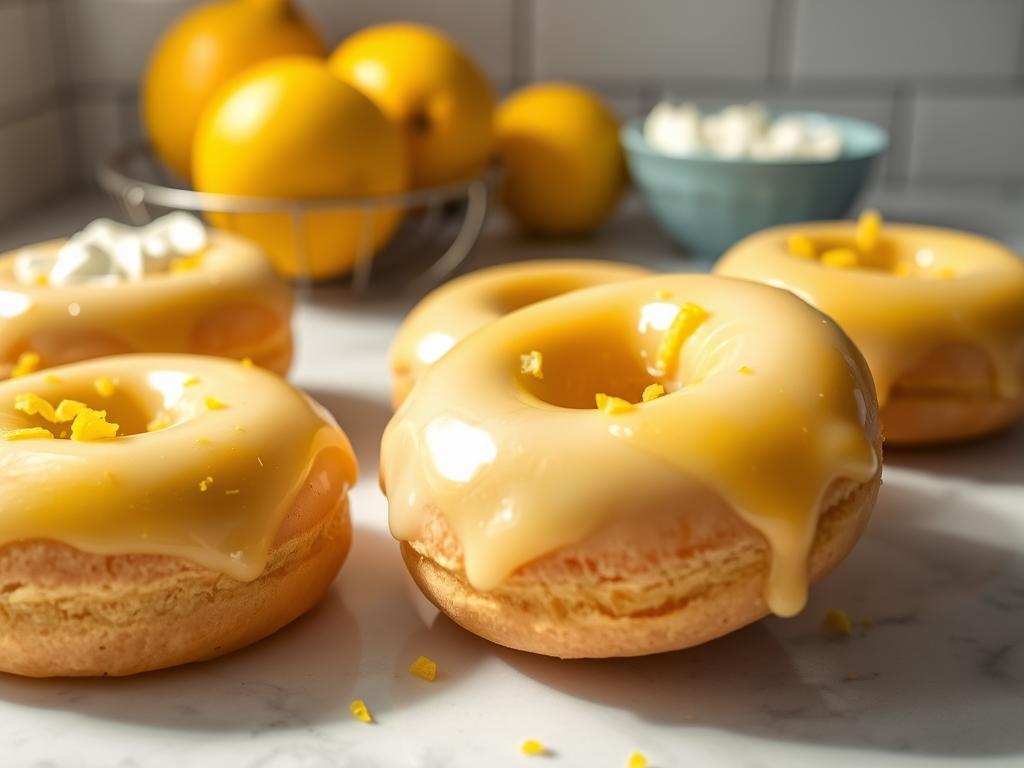 Lemon Ricotta Doughnuts with bright yellow lemon glaze and lemon zest garnish Lemon Ricotta Doughnuts with bright yellow lemon glaze and lemon zest garnish