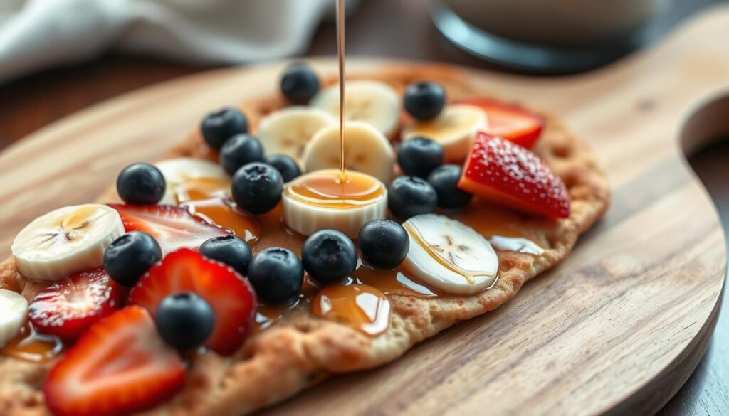 Maple-cinnamon breakfast flatbread topped with fresh fruit and a drizzle of maple syrup
