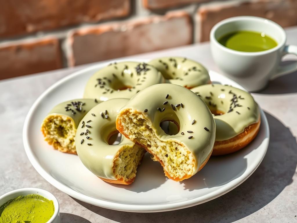 Matcha Sesame Doughnuts with green tea glaze and black sesame seeds on a minimalist plate Matcha Sesame Doughnuts with green tea glaze and black sesame seeds on a minimalist plate