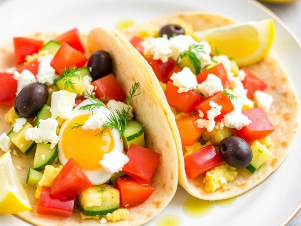 Mediterranean-inspired healthy breakfast tacos with eggs and vegetables