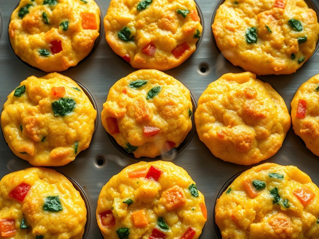Mini egg muffins in a muffin tin with colorful vegetables mixed in Mini egg muffins in a muffin tin with colorful vegetables mixed in