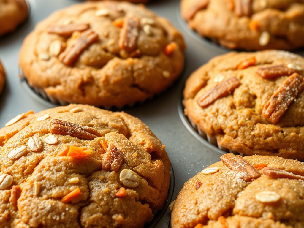 Moist carrot cake muffins with visible carrot shreds and oats Moist carrot cake muffins with visible carrot shreds and oats