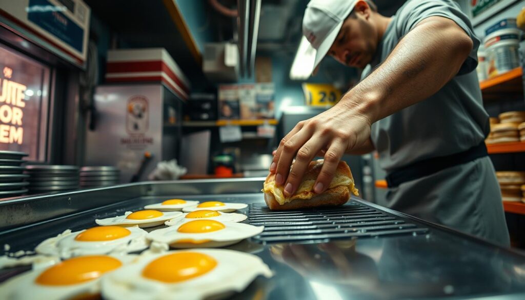 NYC bodega worker making egg and cheese sandwich NYC bodega worker making egg and cheese sandwich