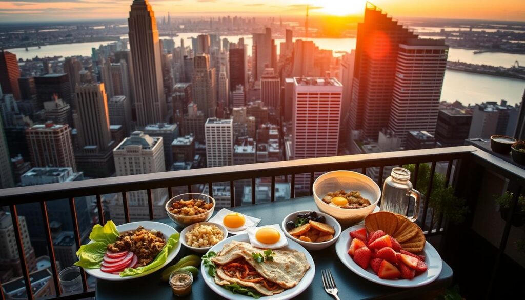NYC skyline at sunrise with breakfast spread in foreground - Quick and Healthy Breakfast Recipes NYC