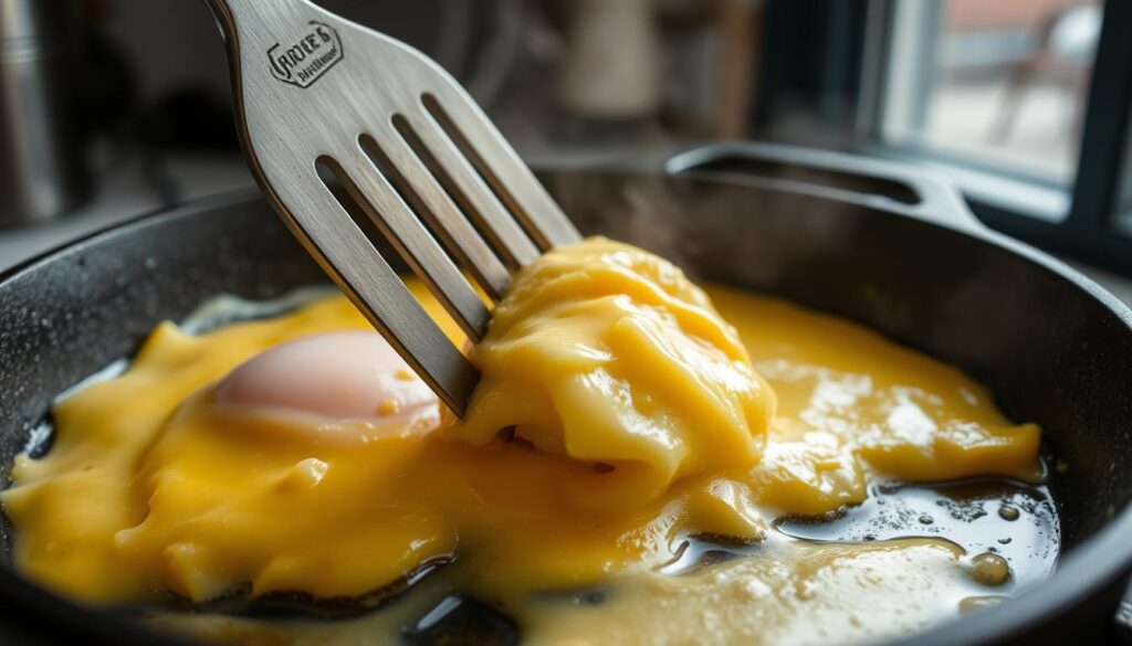 NYC-style egg and cheese sandwich being folded in pan NYC-style egg and cheese sandwich being folded in pan