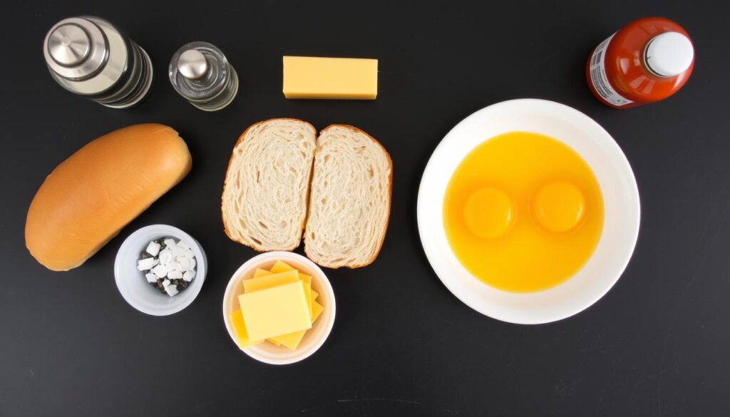 NYC-style egg and cheese sandwich ingredients laid out NYC-style egg and cheese sandwich ingredients laid out