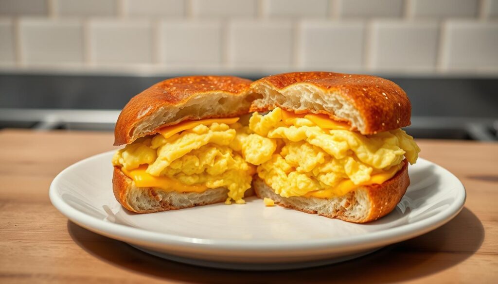 NYC-style egg and cheese sandwich on a plate with urban kitchen background NYC-style egg and cheese sandwich on a plate with urban kitchen background