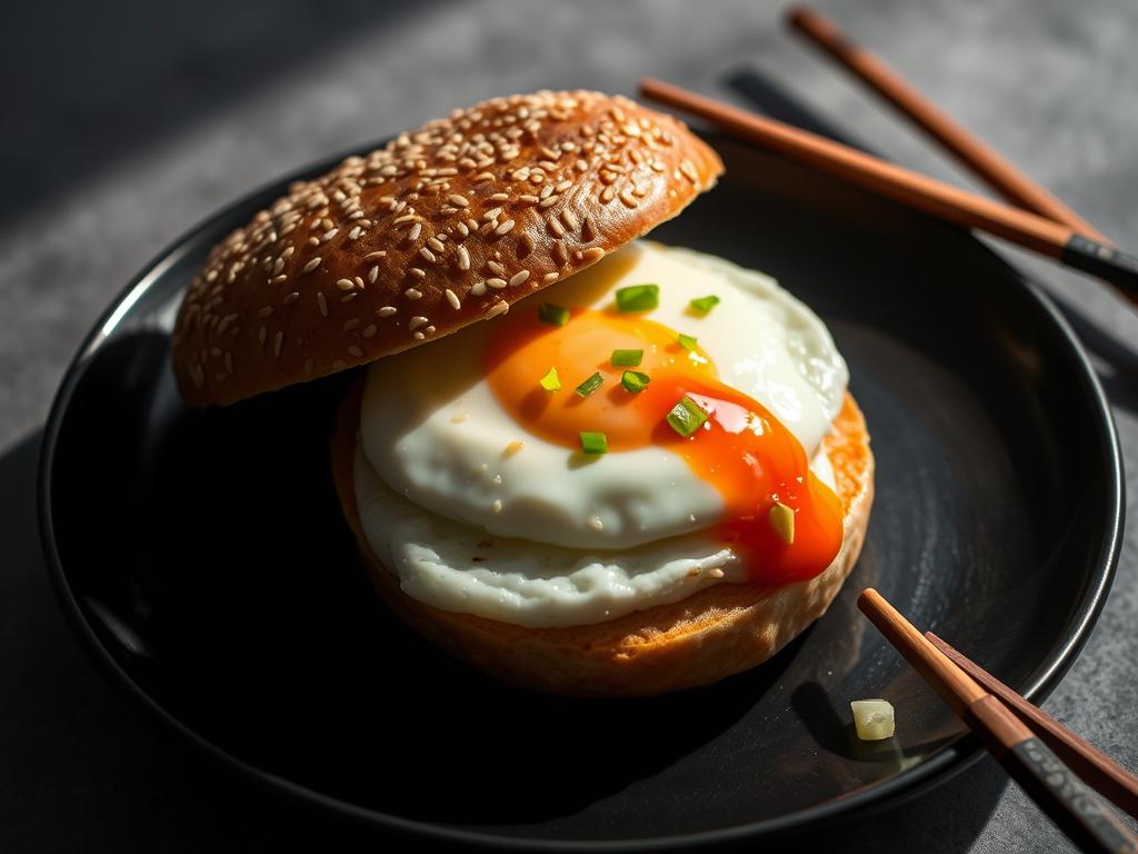 NYC-style egg and cheese sandwich with Asian fusion elements NYC-style egg and cheese sandwich with Asian fusion elements