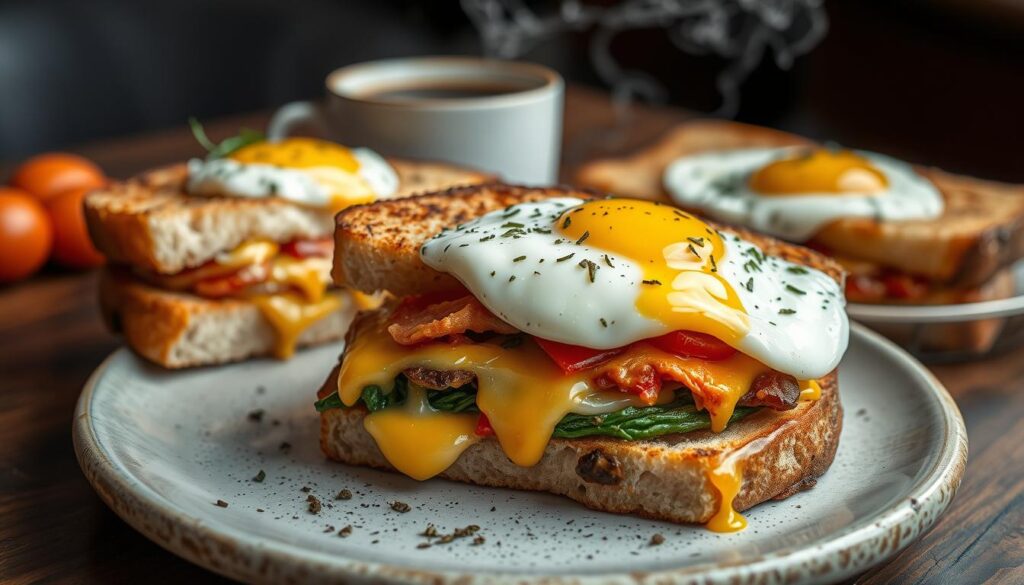 New York Style Breakfast Sandwich with melted cheese on a Kaiser roll