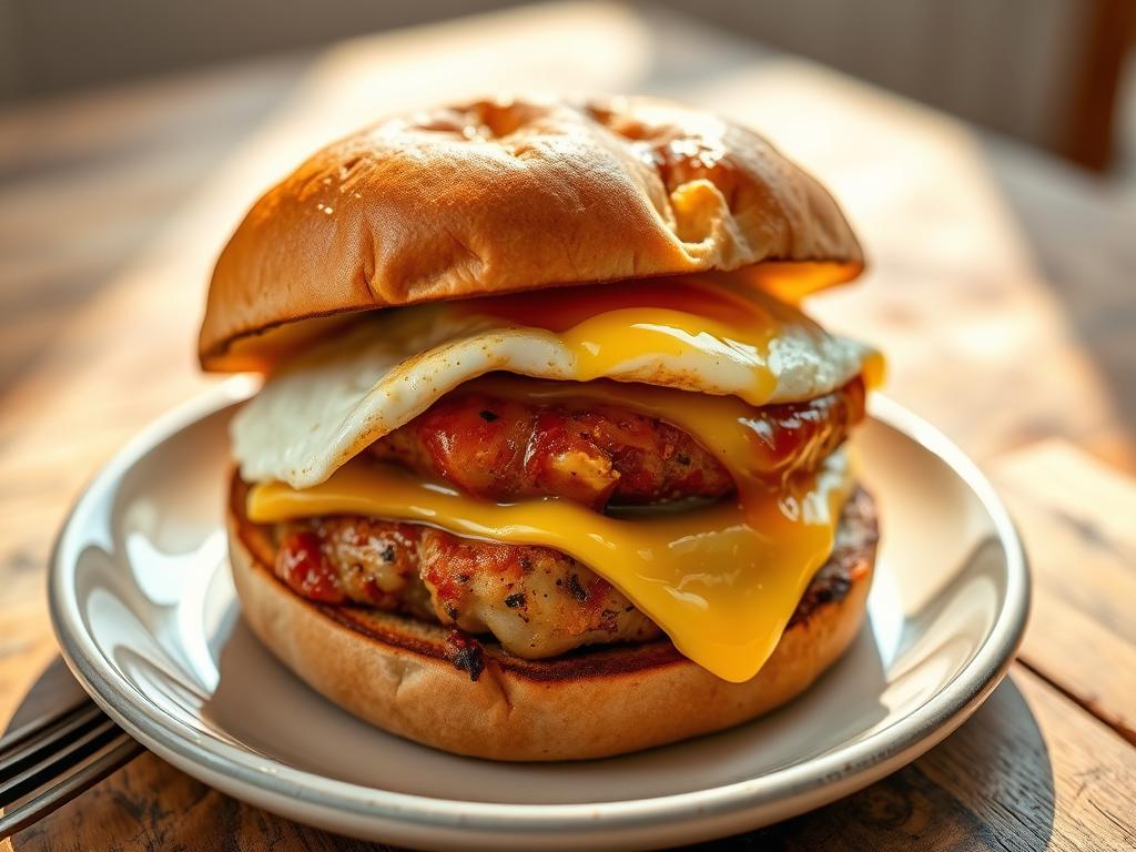 New York Style breakfast sandwich with maple-glazed chicken sausage on a roll