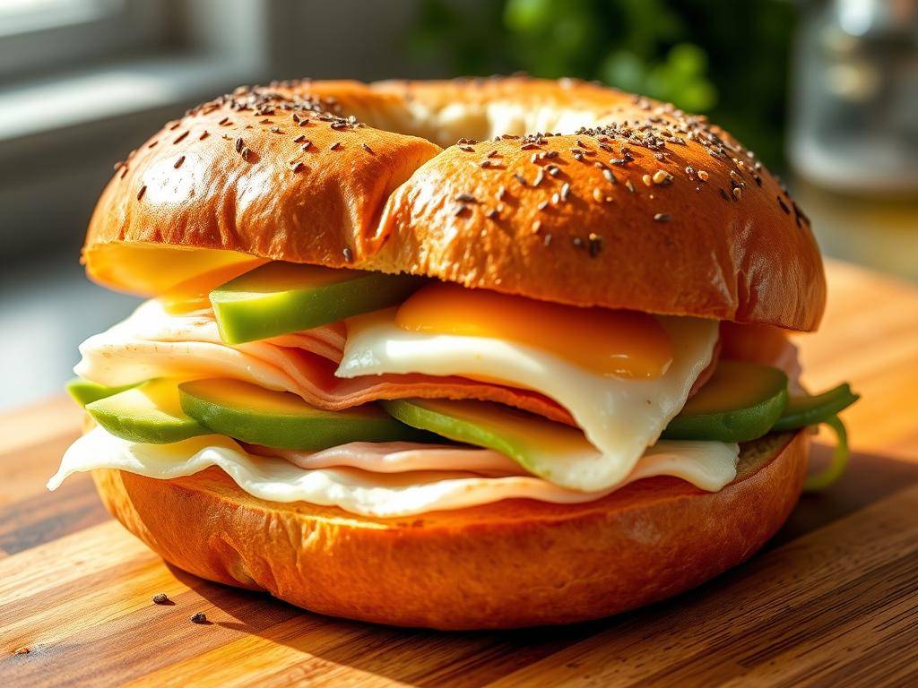 New York Style breakfast sandwich with turkey and avocado on an everything bagel