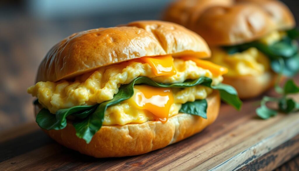 New York Style egg and cheese sandwich on Kaiser roll with melted American cheese