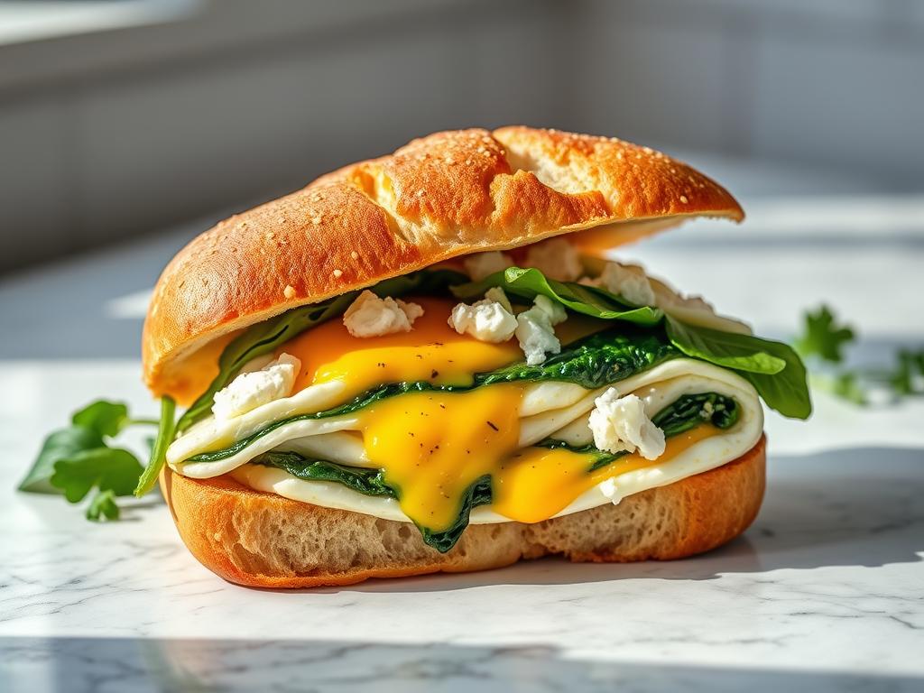 New York Style folded egg sandwich with spinach and feta cheese
