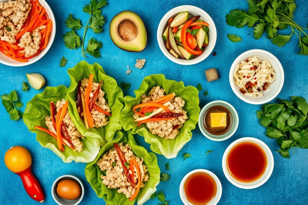 Nutritional ingredients for Asian Chicken Lettuce Wraps laid out on a table