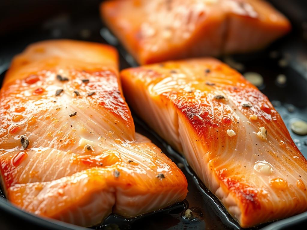 Pan-seared salmon with crispy skin being cooked in a skillet Pan-seared salmon with crispy skin being cooked in a skillet