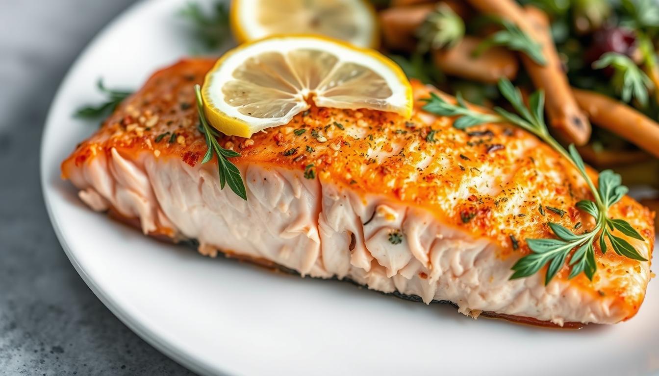 Perfectly cooked salmon fillet with herbs and lemon