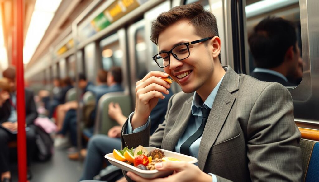 Person enjoying breakfast during NYC morning commute - Quick and Healthy Breakfast Recipes NYC