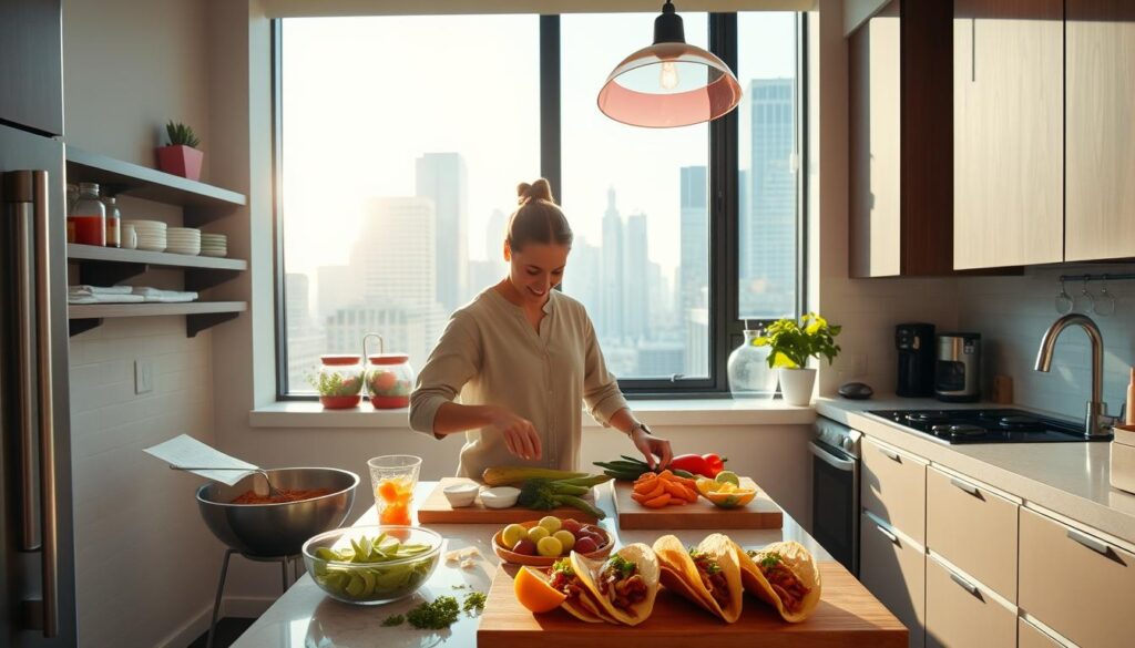 Person preparing healthy breakfast tacos in a New York apartment kitchen