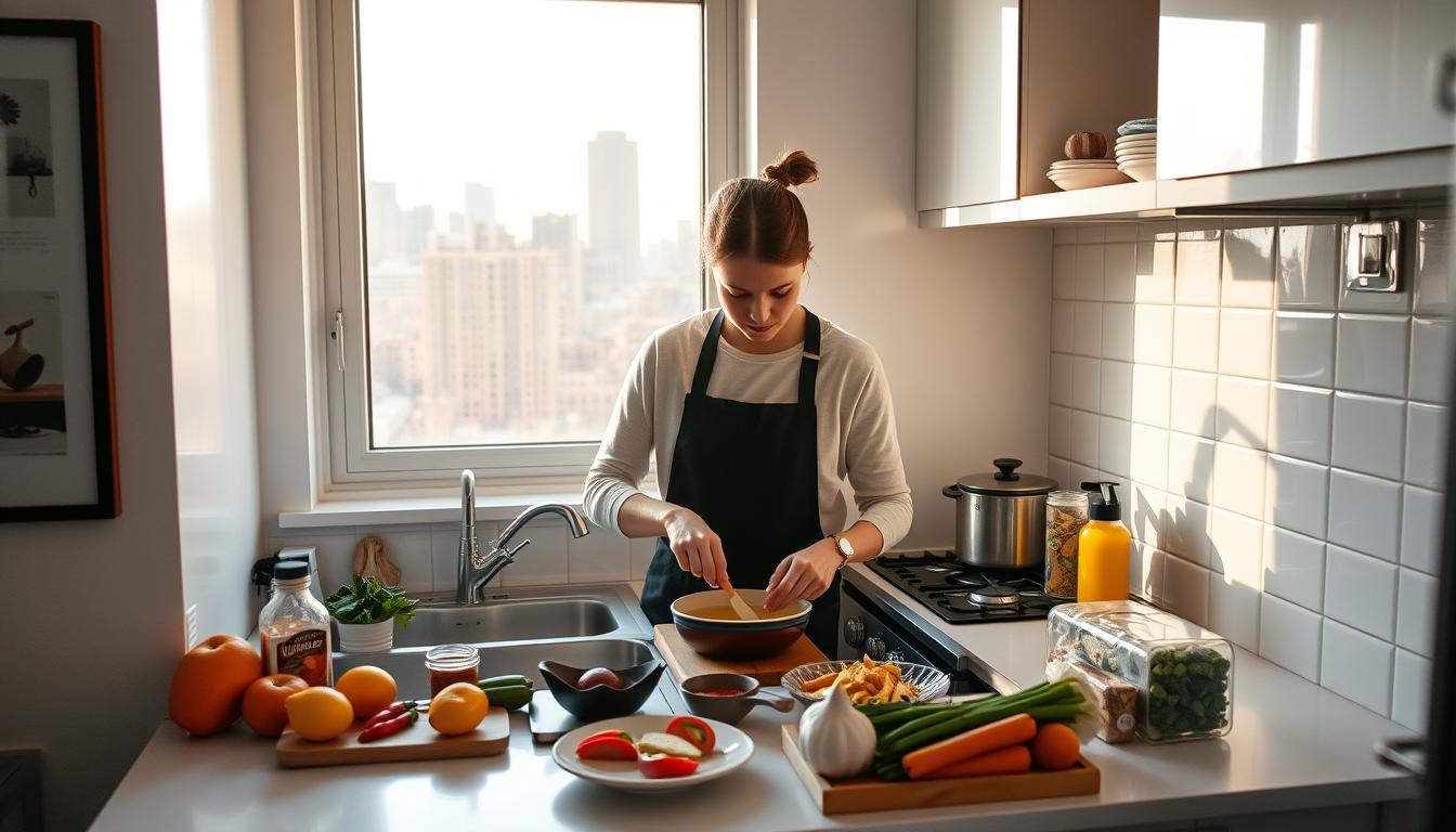 Person preparing quick and healthy breakfast in small NYC apartment kitchen with Quick and Healthy Breakfast Recipes NYC