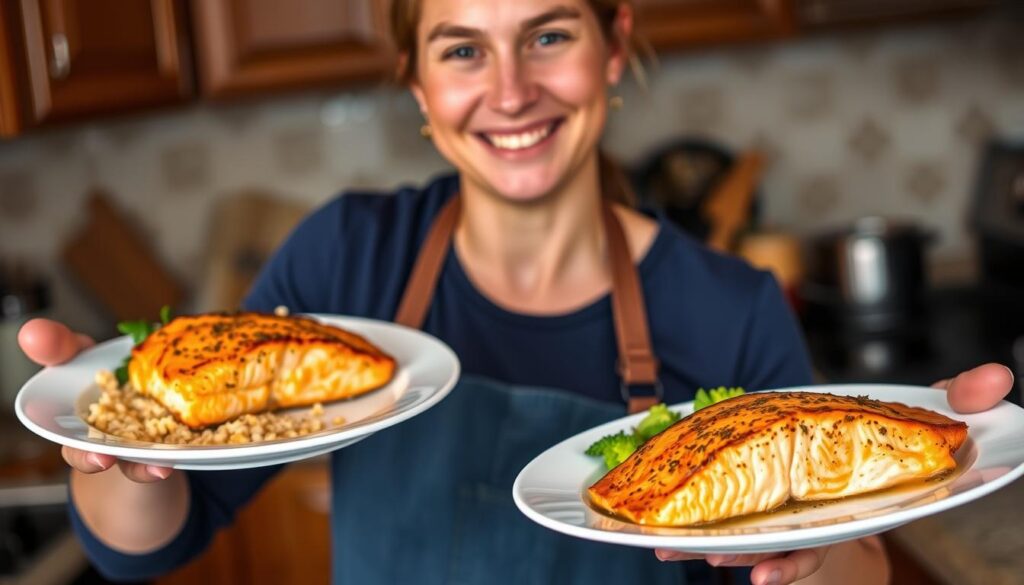 Person proudly presenting a perfectly cooked salmon dish Person proudly presenting a perfectly cooked salmon dish