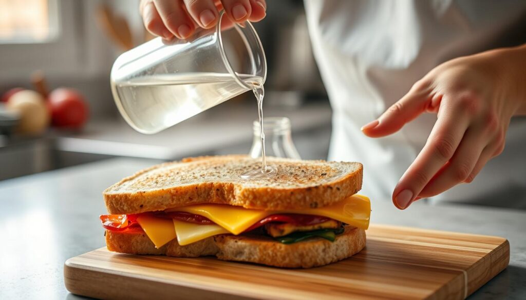 Preparation of New York Style Breakfast Sandwich showing technique for melting cheese