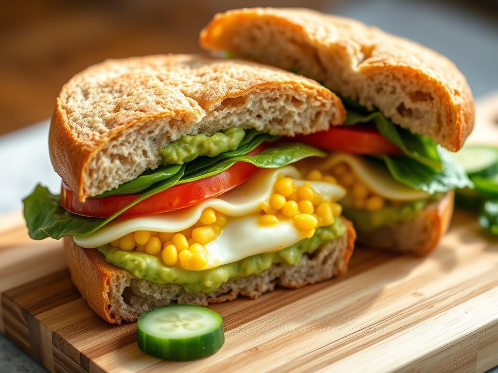 Savory breakfast sandwich with avocado spread, egg, and vegetables on a whole grain roll