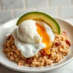 Savory oatmeal bowl with avocado and egg on a minimalist white plate against subway tile background