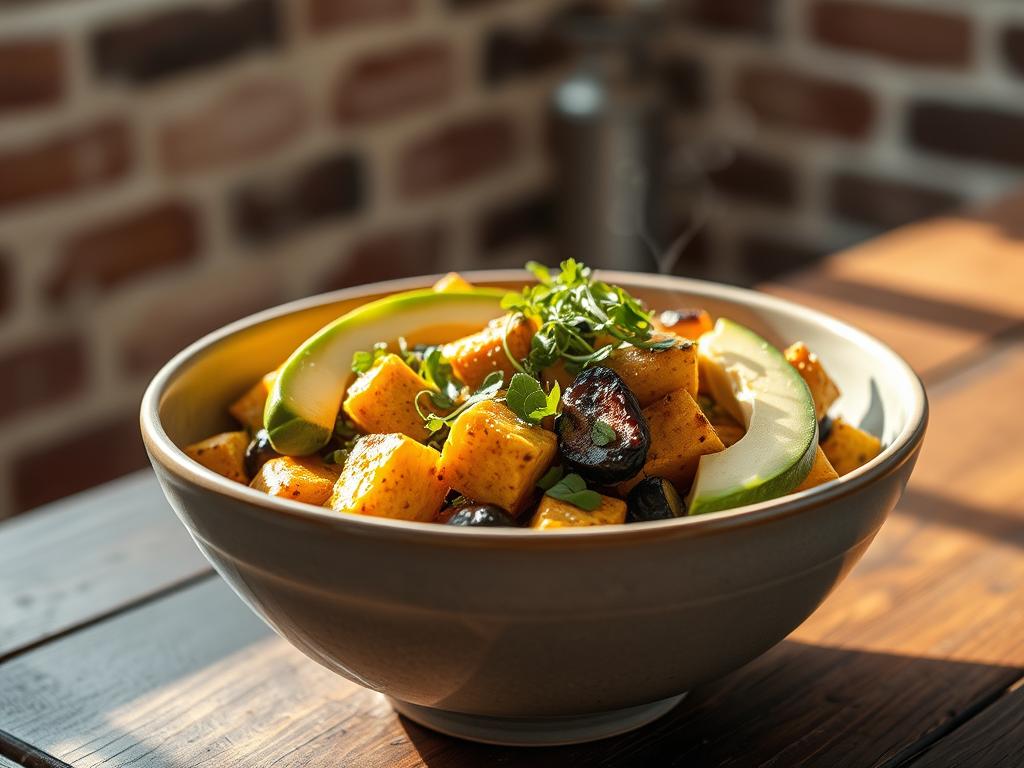 Savory tofu scramble bowl with vegetables on a rustic table with NYC vegan breakfast aesthetic