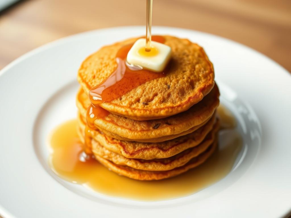 Stack of golden sweet potato pancakes with maple syrup drizzle