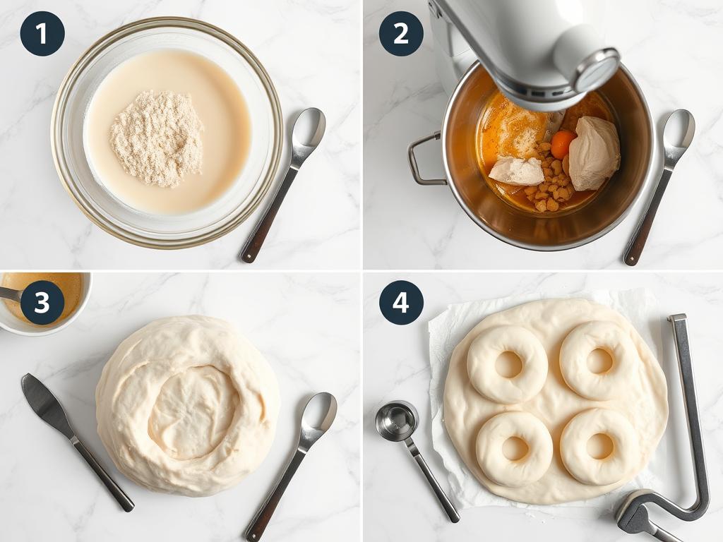 Step-by-step process of making homemade NY-style doughnut dough with active dry yeast Step-by-step process of making homemade NY-style doughnut dough with active dry yeast