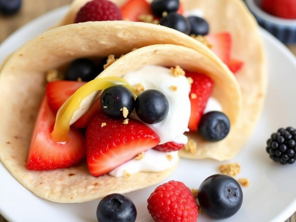 Sweet breakfast tacos with Greek yogurt and fresh berries